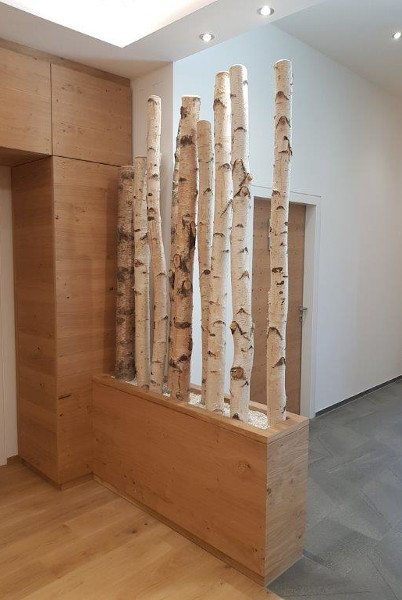 Trennwand aus Birkenholz eingefasst in Holzsockel